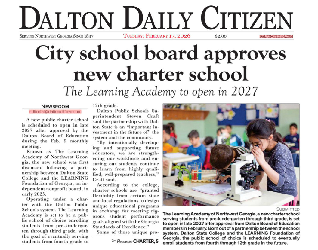 Image of newspaper article announcing city school board approval for new charter school.